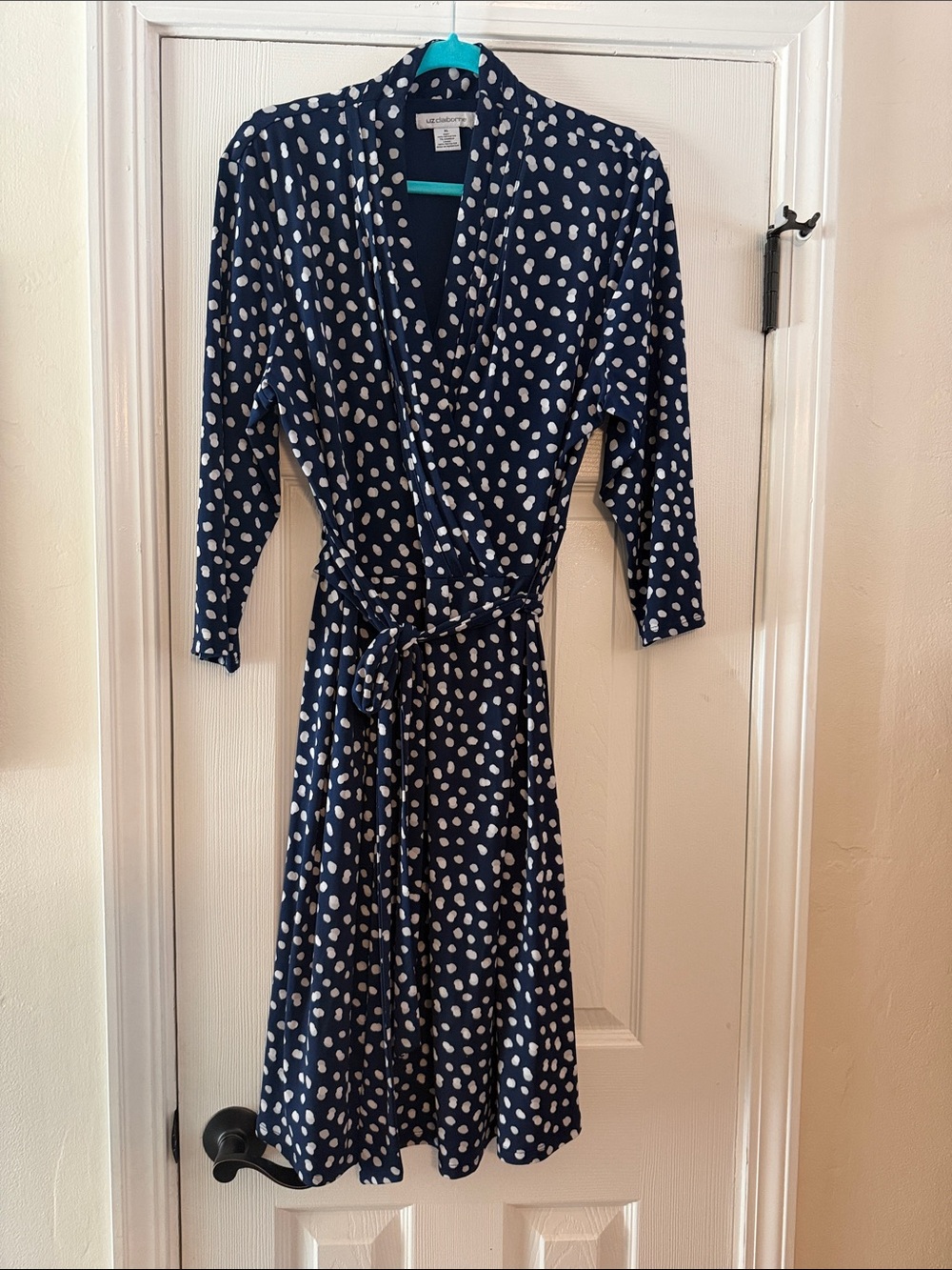 Liz Claiborne Navy Wrap Midi Dress with White Polka Dots